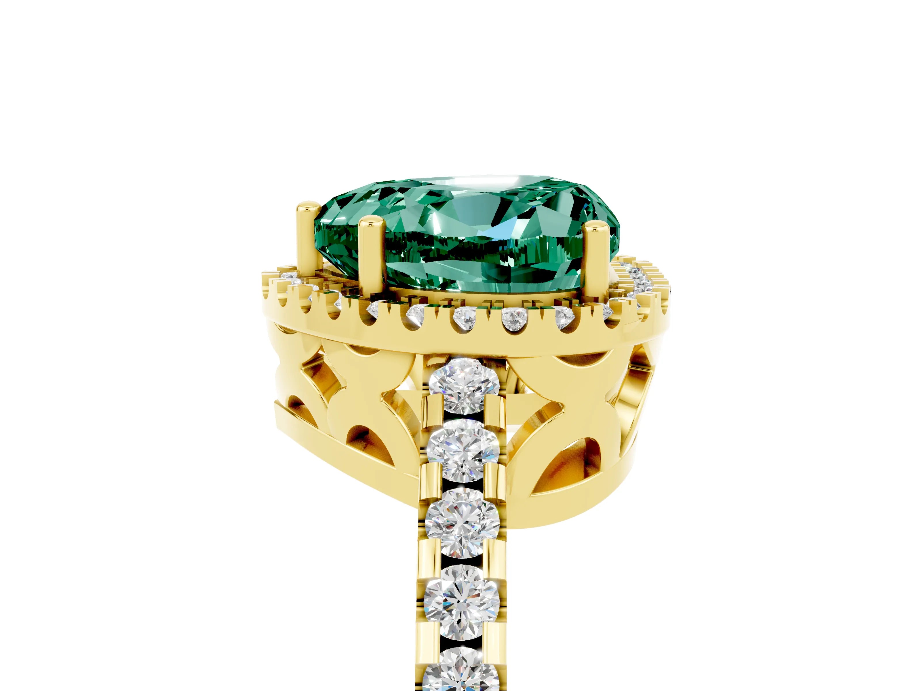 Yellow gold Heart Cut Green Sapphire Halo Engagement Ring with Pavé Band and Prong Setting_17
