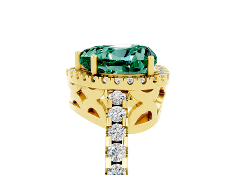 Yellow gold Heart Cut Green Sapphire Halo Engagement Ring with Pavé Band and Prong Setting_17
