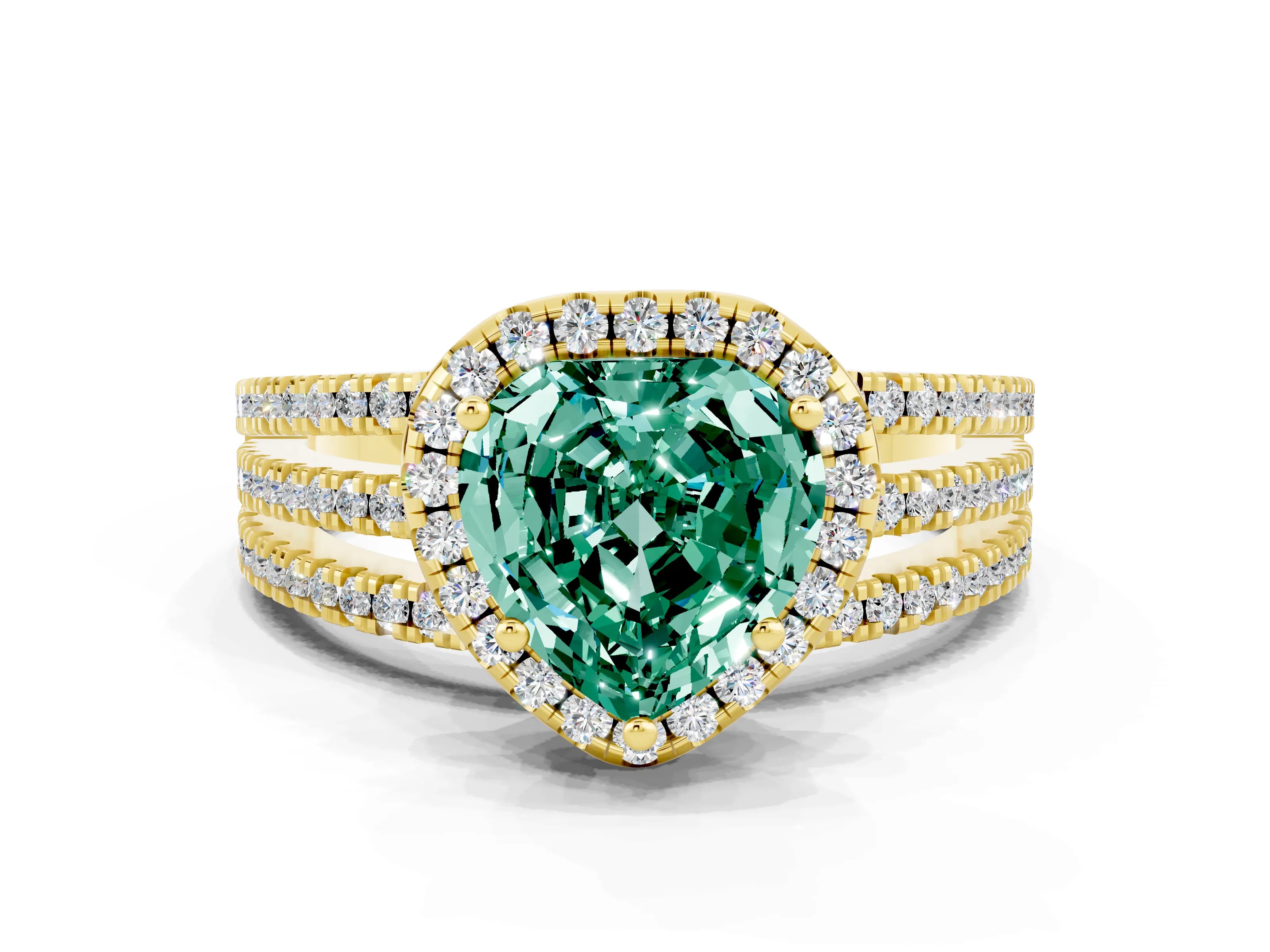 Yellow gold Heart Cut Green Sapphire Halo Engagement Ring with Split Shank and Four-Prong Setting