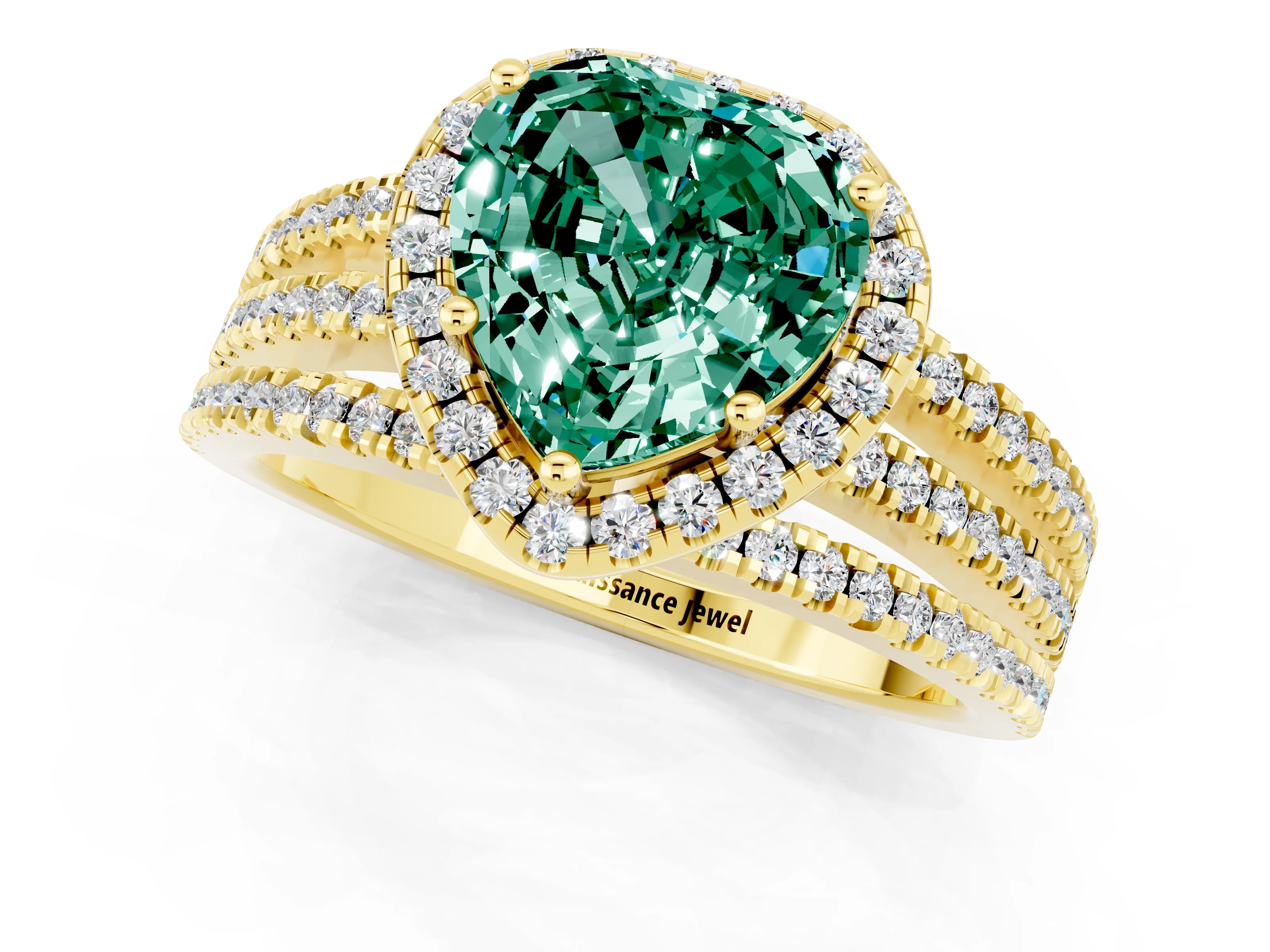 Yellow gold Heart Cut Green Sapphire Halo Engagement Ring with Split Shank and Four-Prong Setting_1