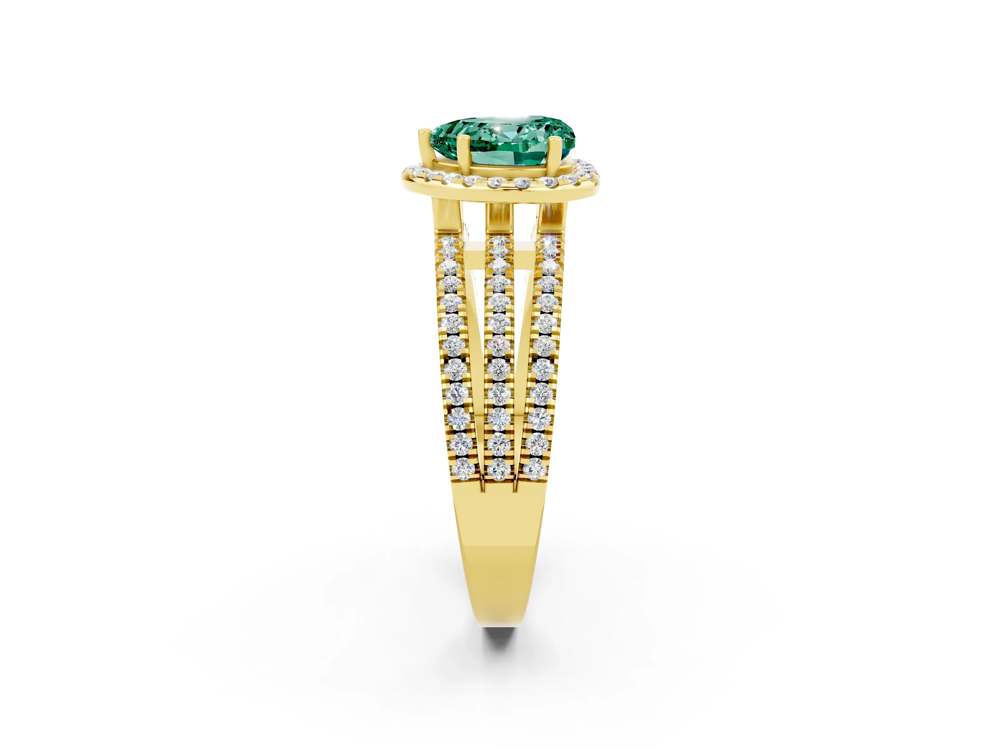 Yellow gold Heart Cut Green Sapphire Halo Engagement Ring with Split Shank and Four-Prong Setting_2