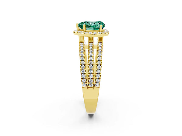 Yellow gold Heart Cut Green Sapphire Halo Engagement Ring with Split Shank and Four-Prong Setting