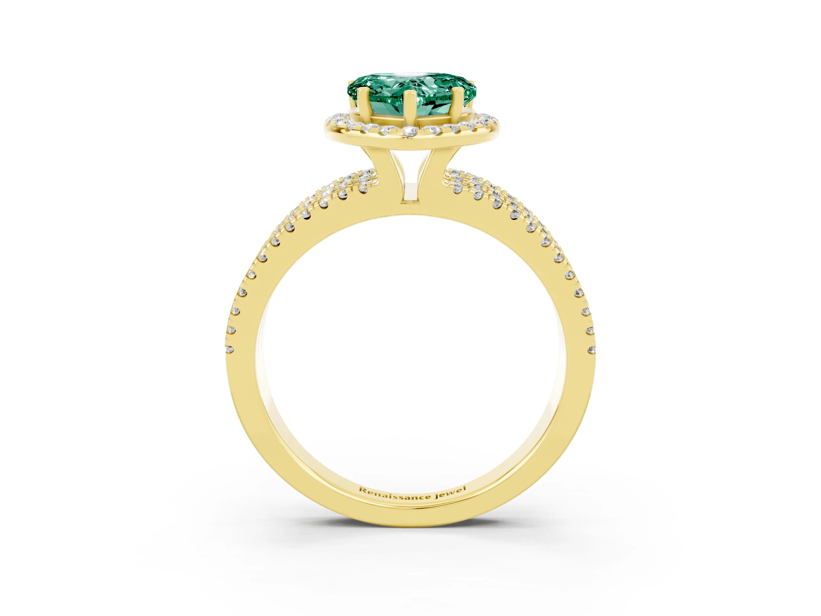 Yellow gold Heart Cut Green Sapphire Halo Engagement Ring with Split Shank and Four-Prong Setting_3