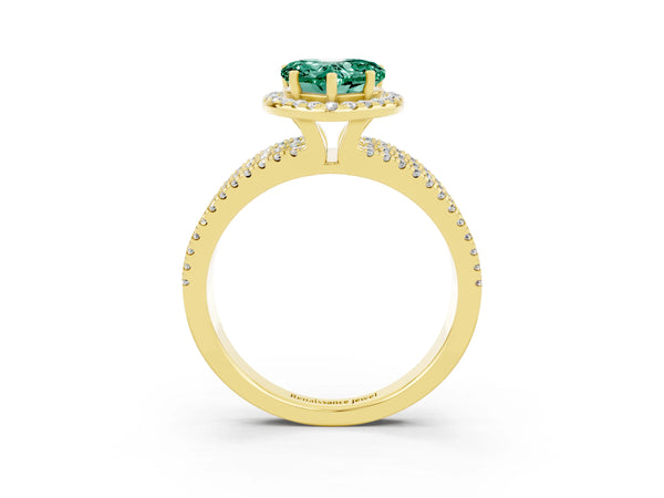 Yellow gold Heart Cut Green Sapphire Halo Engagement Ring with Split Shank and Four-Prong Setting