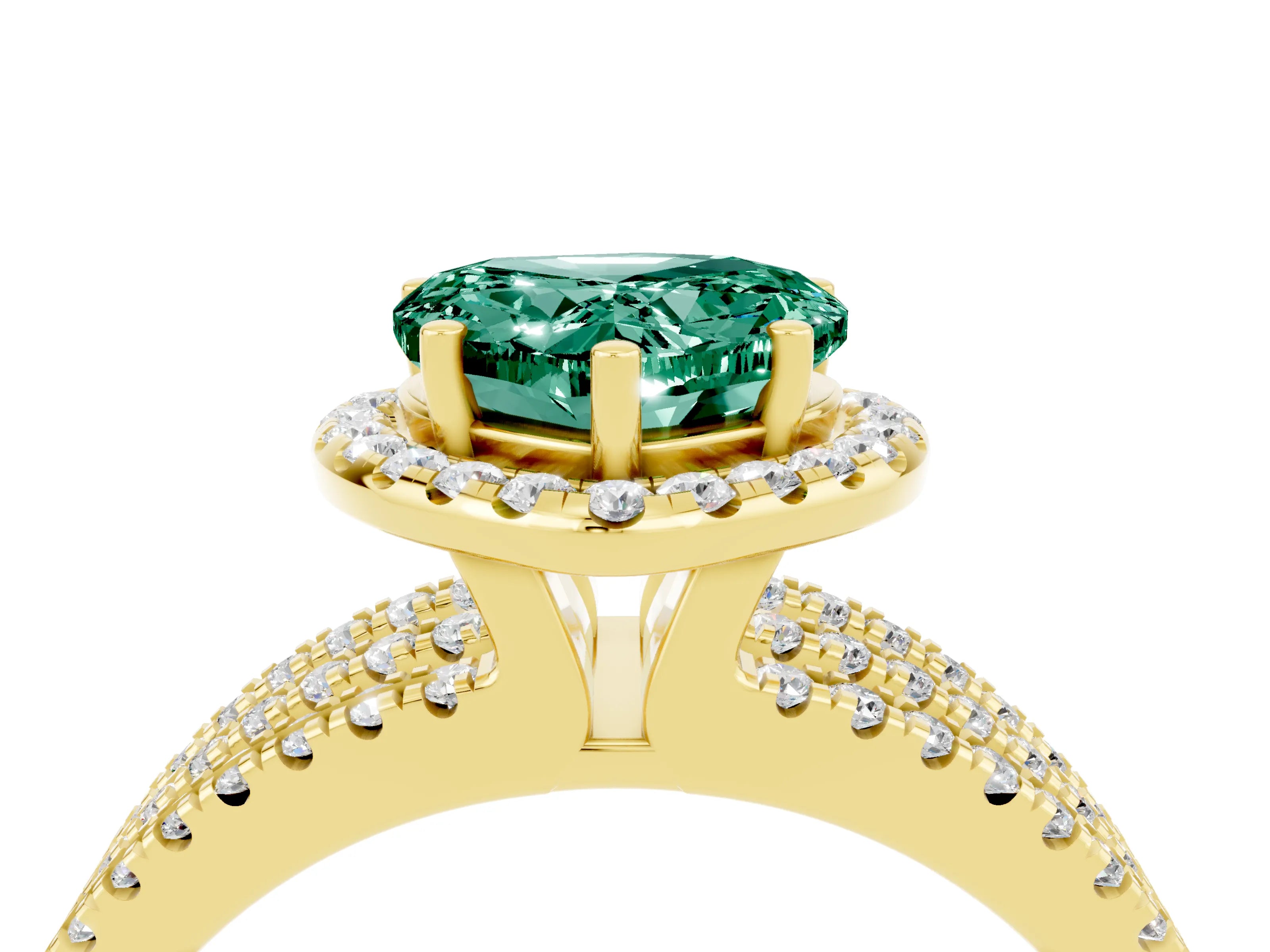 Yellow gold Heart Cut Green Sapphire Halo Engagement Ring with Split Shank and Four-Prong Setting_4