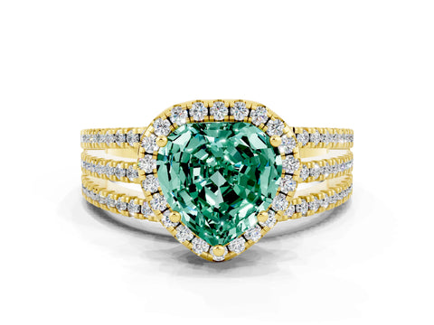 Yellow gold Heart Cut Green Sapphire Halo Engagement Ring with Split Shank and Four-Prong Setting
