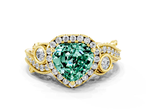 Yellow gold Heart Cut Green Sapphire Halo Ring with Milgrain Pavé Band and Four-Prong Setting