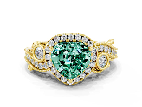 Yellow gold Heart Cut Green Sapphire Halo Ring with Milgrain Pavé Band and Four-Prong Setting_12