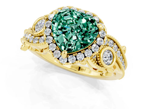 Yellow gold Heart Cut Green Sapphire Halo Ring with Milgrain Pavé Band and Four-Prong Setting_13