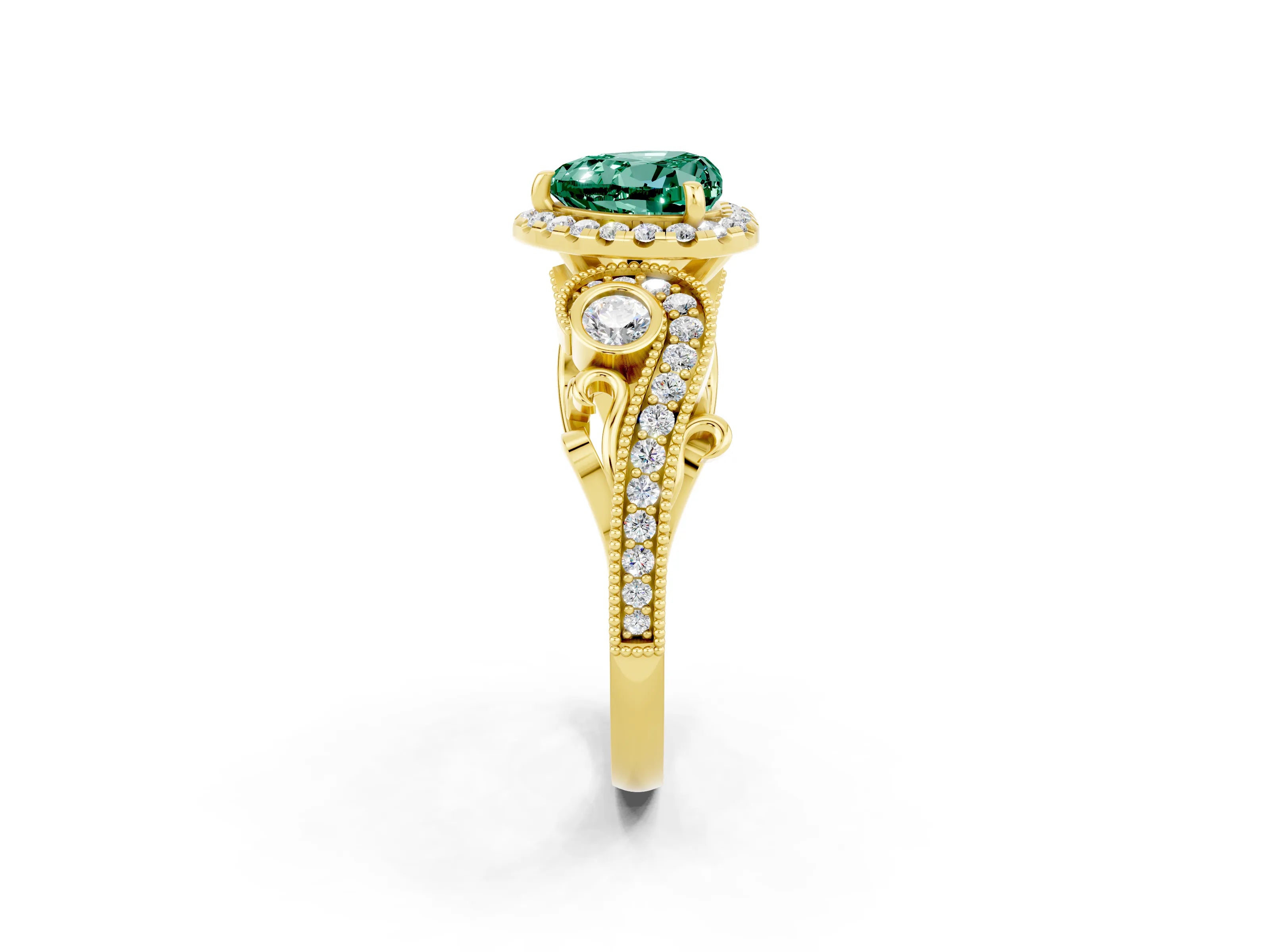 Yellow gold Heart Cut Green Sapphire Halo Ring with Milgrain Pavé Band and Four-Prong Setting_14