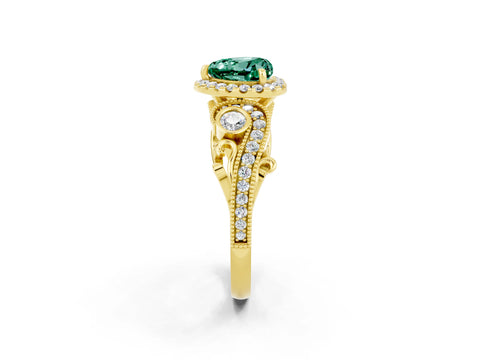 Yellow gold Heart Cut Green Sapphire Halo Ring with Milgrain Pavé Band and Four-Prong Setting_14