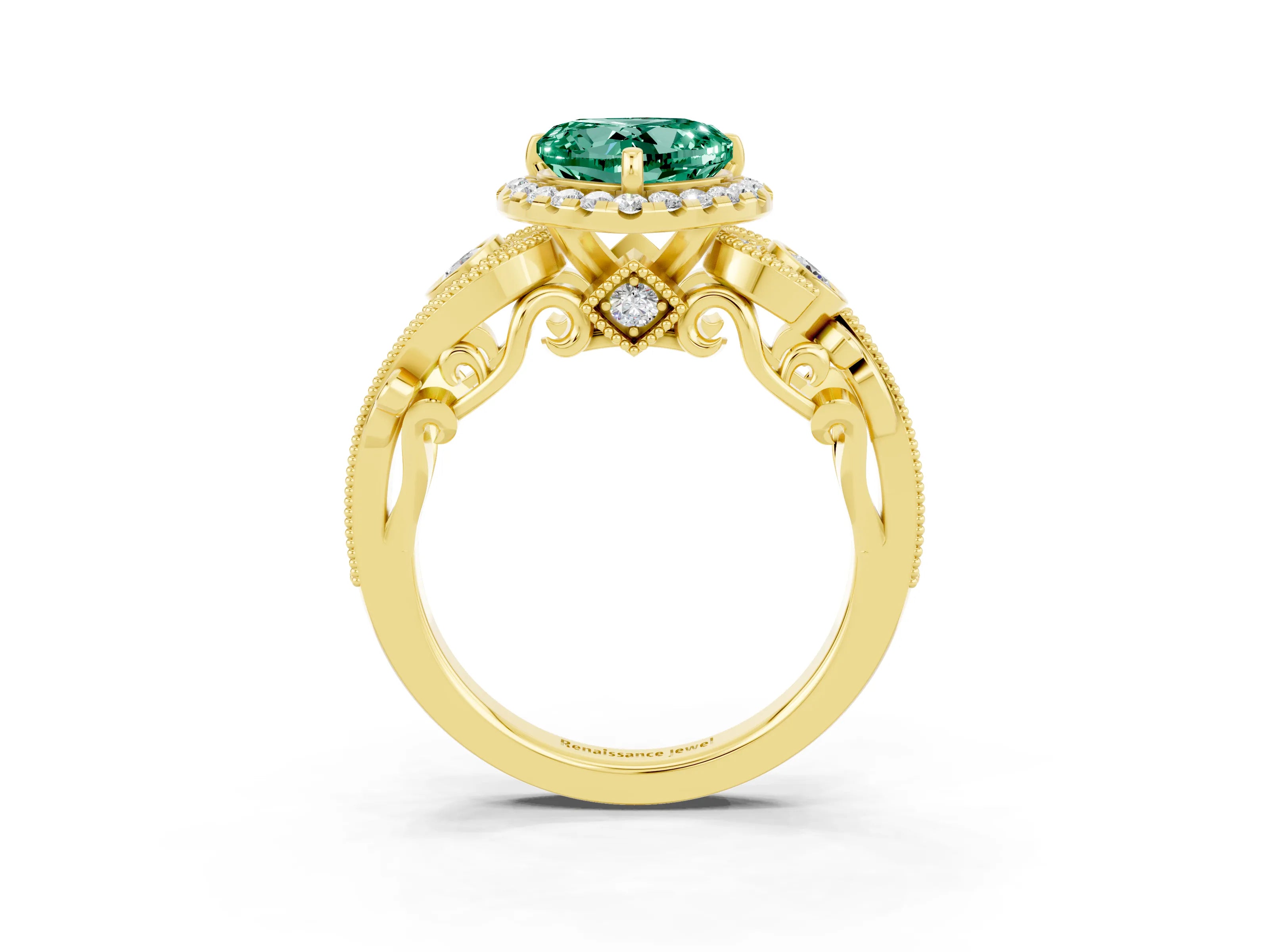 Yellow gold Heart Cut Green Sapphire Halo Ring with Milgrain Pavé Band and Four-Prong Setting_15