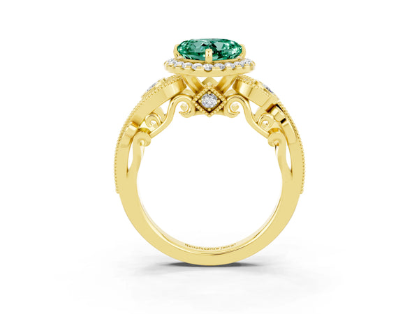 Yellow gold Heart Cut Green Sapphire Halo Ring with Milgrain Pavé Band and Four-Prong Setting