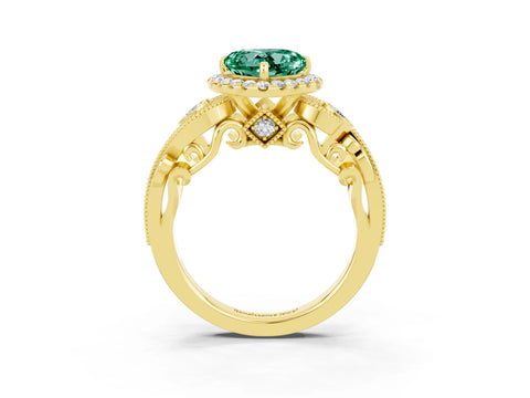 Yellow gold Heart Cut Green Sapphire Halo Ring with Milgrain Pavé Band and Four-Prong Setting_15