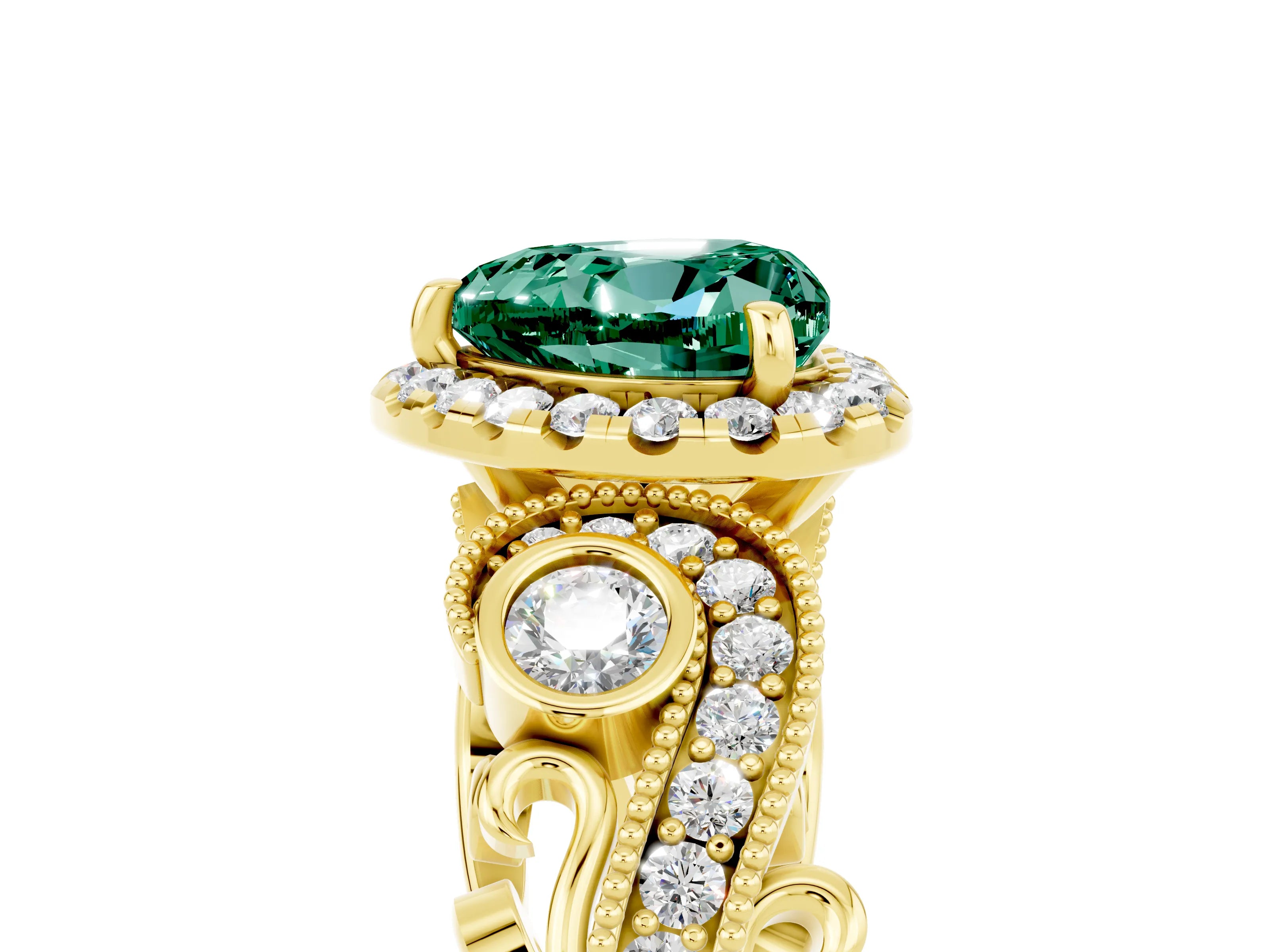 Yellow gold Heart Cut Green Sapphire Halo Ring with Milgrain Pavé Band and Four-Prong Setting_17