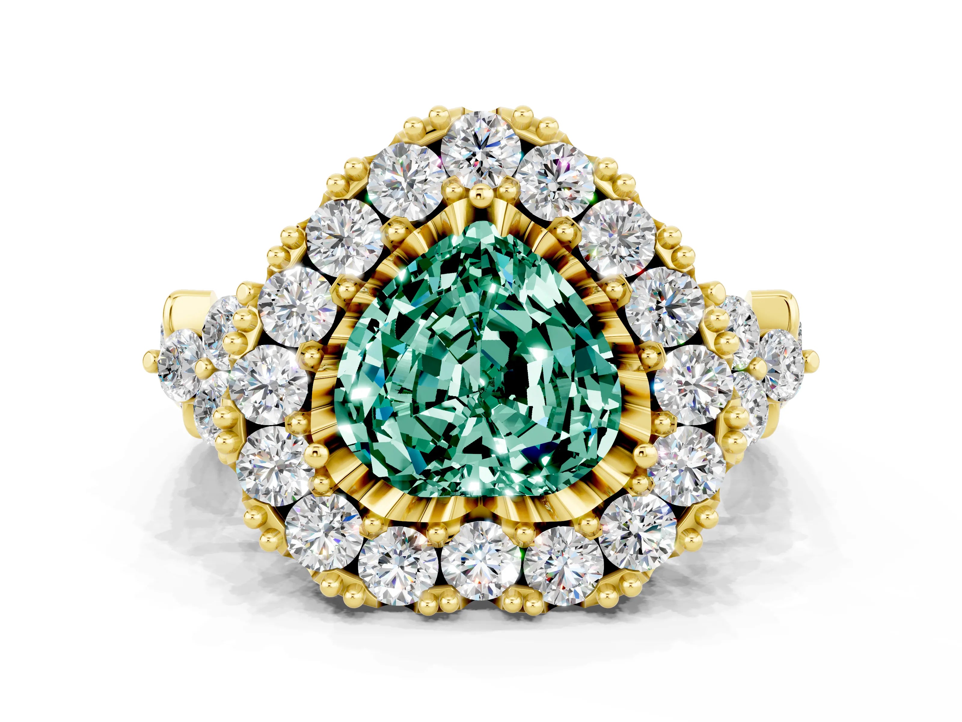 Yellow gold Heart Cut Green Sapphire Halo Ring with Pavé Band and Four-Prong Setting_12