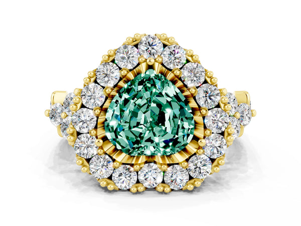 Yellow gold Heart Cut Green Sapphire Halo Ring with Pavé Band and Four-Prong Setting
