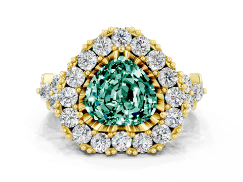Yellow gold Heart Cut Green Sapphire Halo Ring with Pavé Band and Four-Prong Setting_12