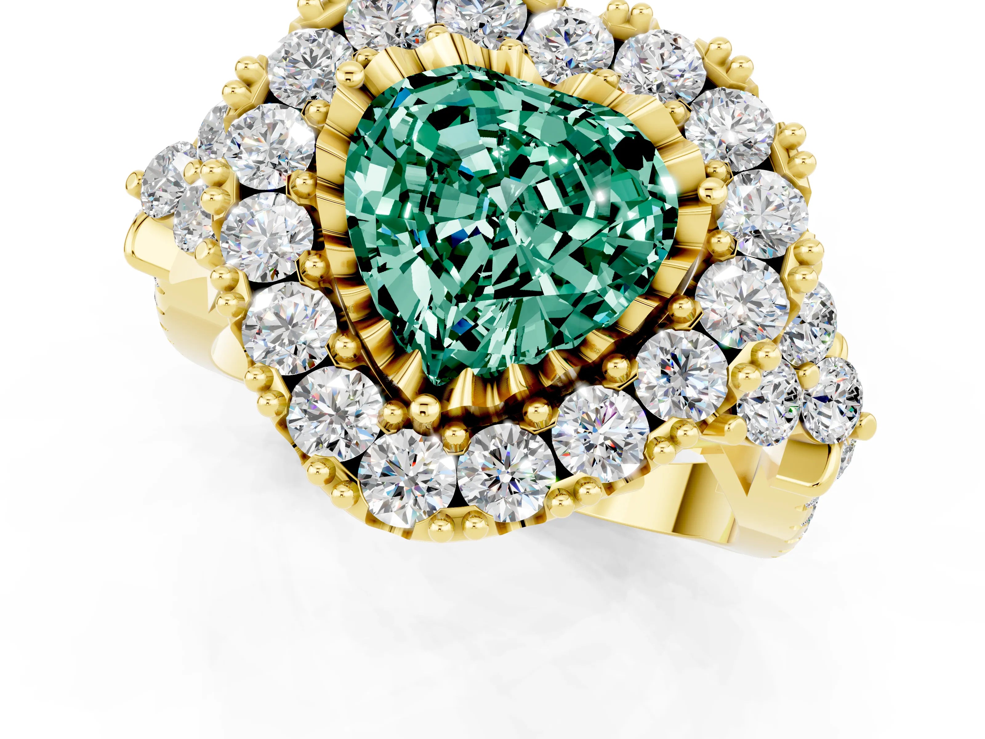 Yellow gold Heart Cut Green Sapphire Halo Ring with Pavé Band and Four-Prong Setting_13