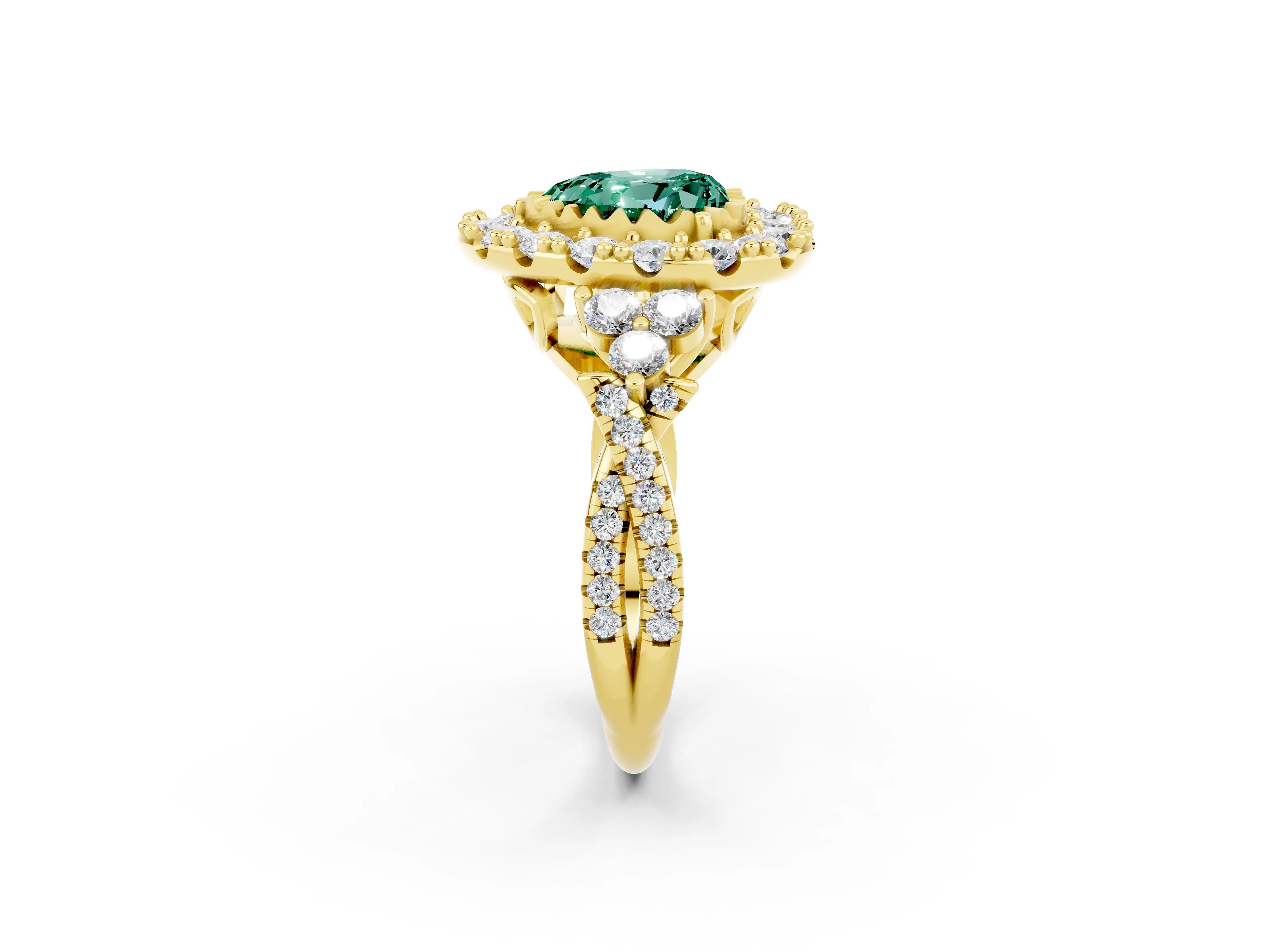Yellow gold Heart Cut Green Sapphire Halo Ring with Pavé Band and Four-Prong Setting_14