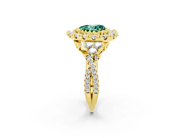 Yellow gold Heart Cut Green Sapphire Halo Ring with Pavé Band and Four-Prong Setting