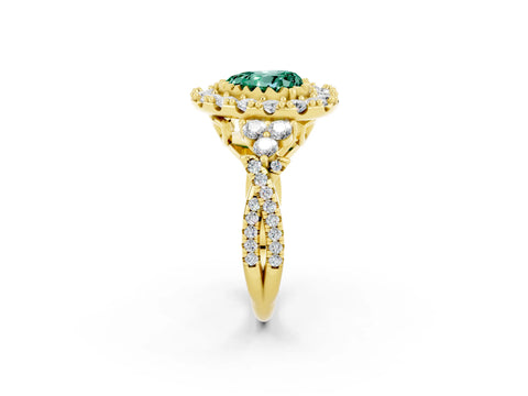 Yellow gold Heart Cut Green Sapphire Halo Ring with Pavé Band and Four-Prong Setting_14