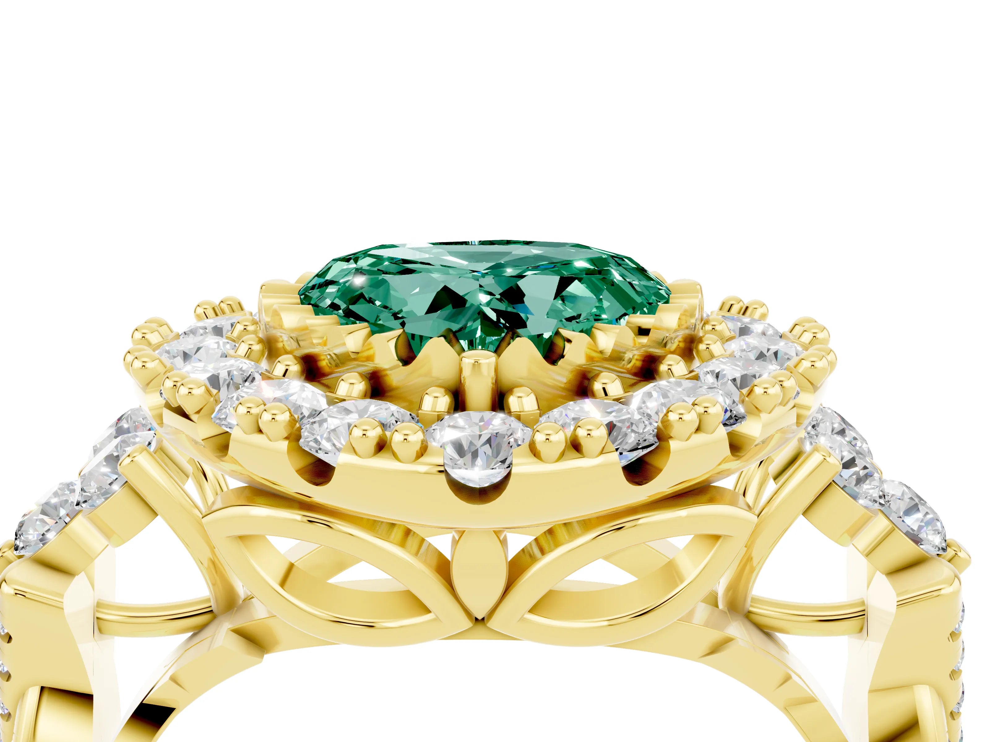Yellow gold Heart Cut Green Sapphire Halo Ring with Pavé Band and Four-Prong Setting_16
