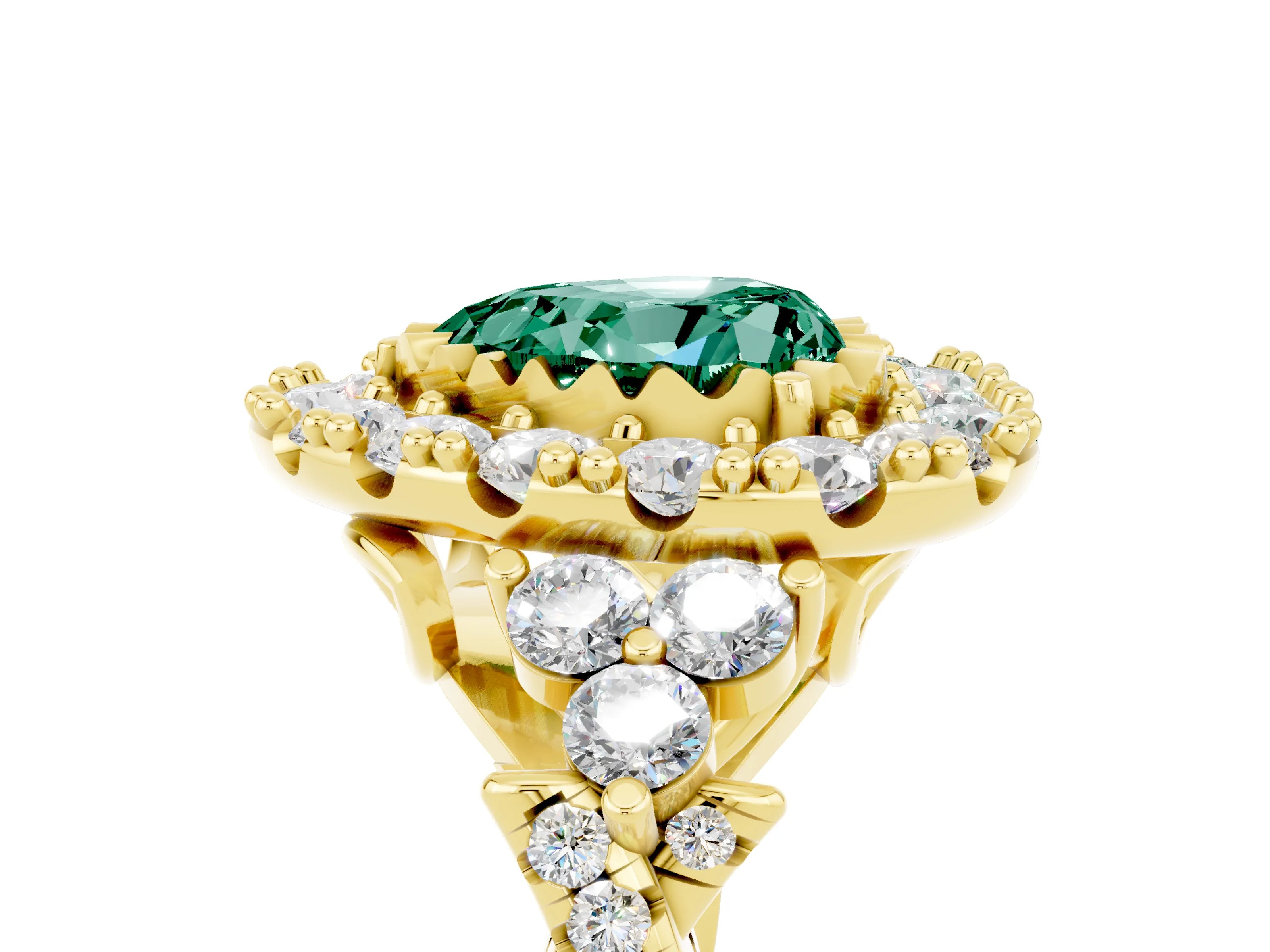 Yellow gold Heart Cut Green Sapphire Halo Ring with Pavé Band and Four-Prong Setting_17