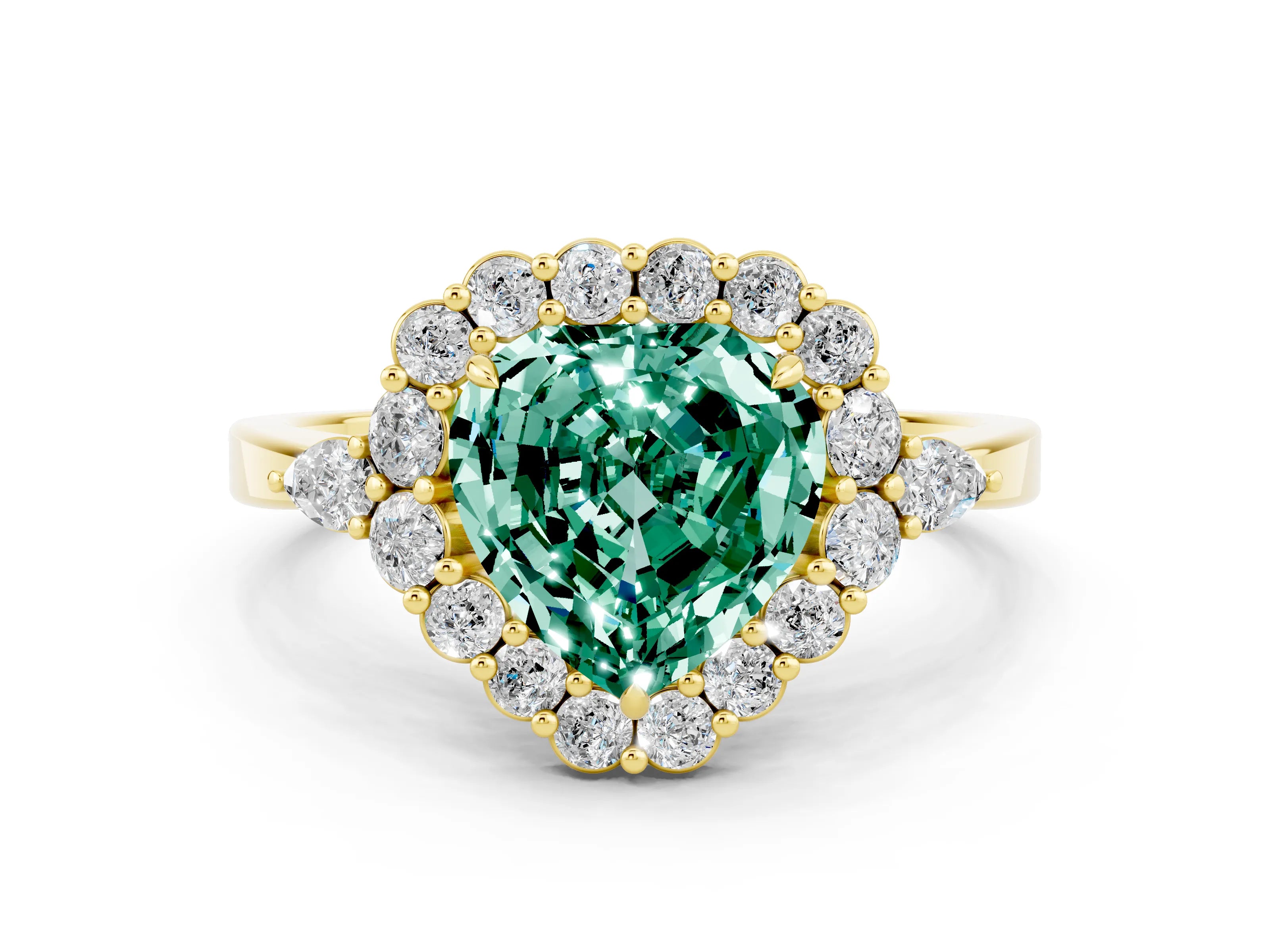 Yellow gold Heart Cut Green Sapphire Halo Ring with Pear Side Stones and Prong Setting_12