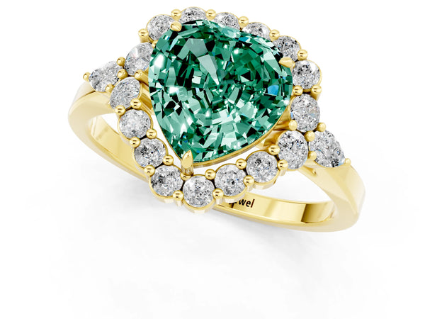 Yellow gold Heart Cut Green Sapphire Halo Ring with Pear Side Stones and Prong Setting