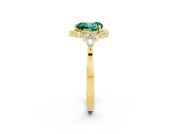 Yellow gold Heart Cut Green Sapphire Halo Ring with Pear Side Stones and Prong Setting