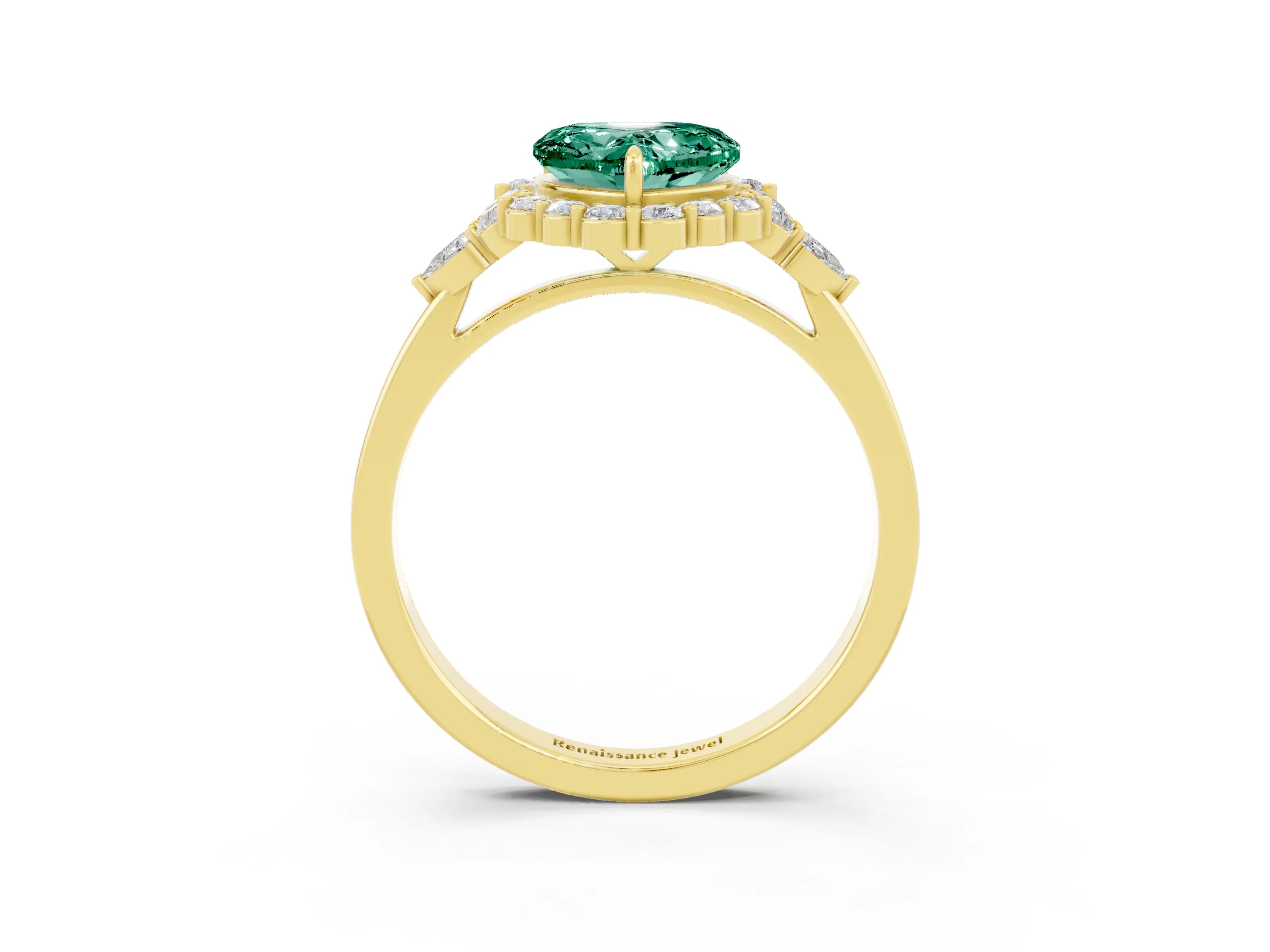 Yellow gold Heart Cut Green Sapphire Halo Ring with Pear Side Stones and Prong Setting_15