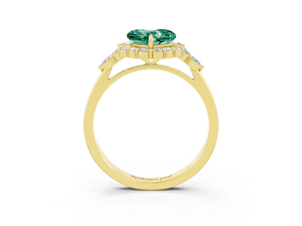 Yellow gold Heart Cut Green Sapphire Halo Ring with Pear Side Stones and Prong Setting