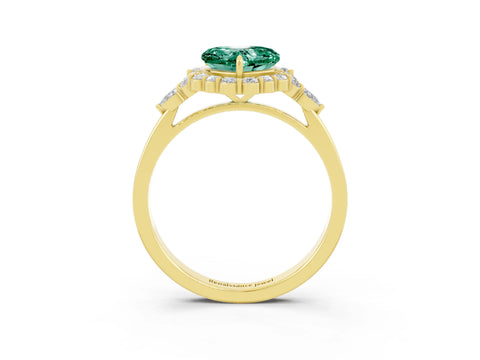 Yellow gold Heart Cut Green Sapphire Halo Ring with Pear Side Stones and Prong Setting_15