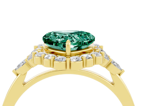 Yellow gold Heart Cut Green Sapphire Halo Ring with Pear Side Stones and Prong Setting_16