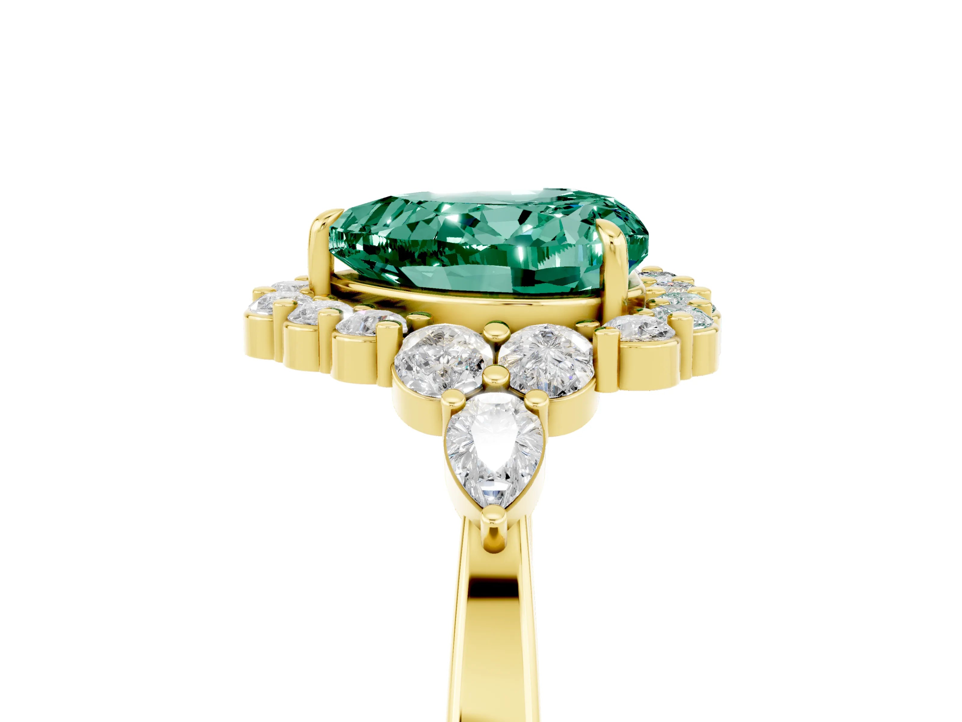 Yellow gold Heart Cut Green Sapphire Halo Ring with Pear Side Stones and Prong Setting_17