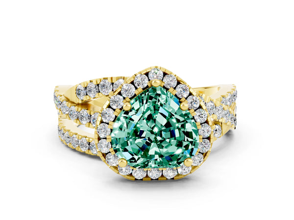 Yellow gold Heart Cut Green Sapphire Halo Ring with Round Split Shank and Prong Setting