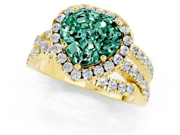 Yellow gold Heart Cut Green Sapphire Halo Ring with Round Split Shank and Prong Setting