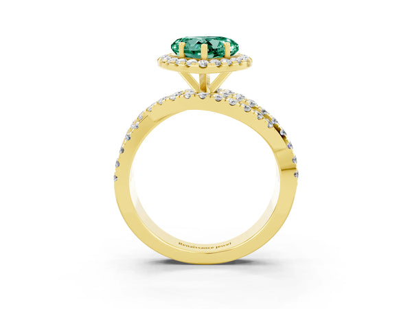 Yellow gold Heart Cut Green Sapphire Halo Ring with Round Split Shank and Prong Setting