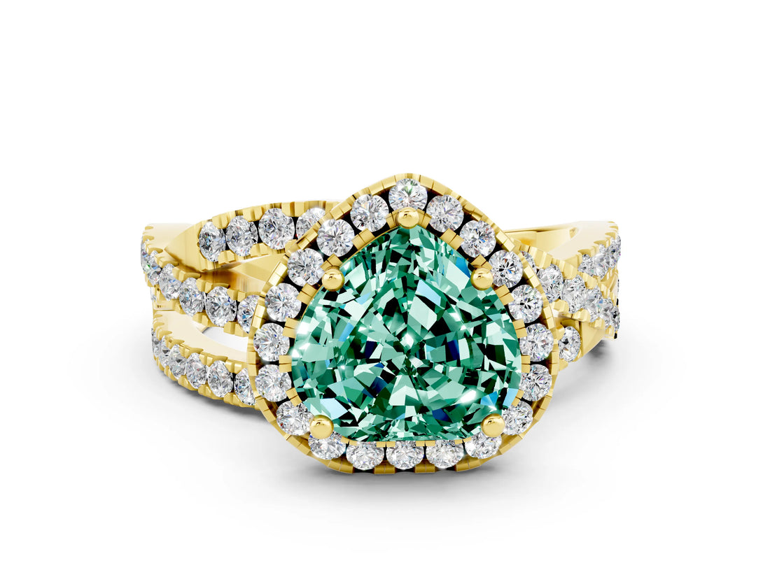 Yellow gold Heart Cut Green Sapphire Halo Ring with Round Split Shank and Prong Setting_48