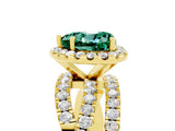 Yellow gold Heart Cut Green Sapphire Halo Ring with Round Split Shank and Prong Setting_53