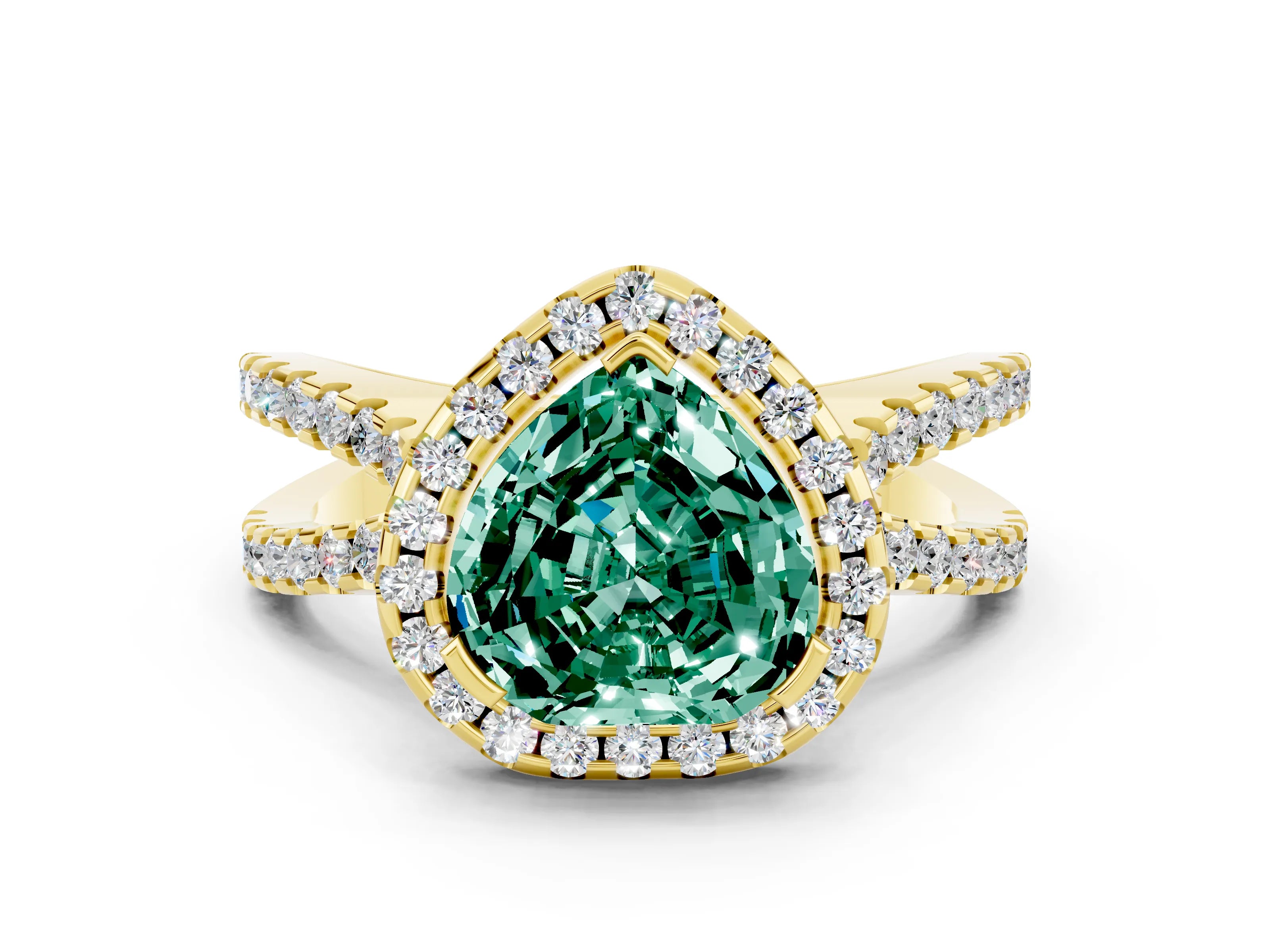 Yellow gold Heart Cut Green Sapphire Halo Ring with Split Shank Pavé Band and Prong Setting