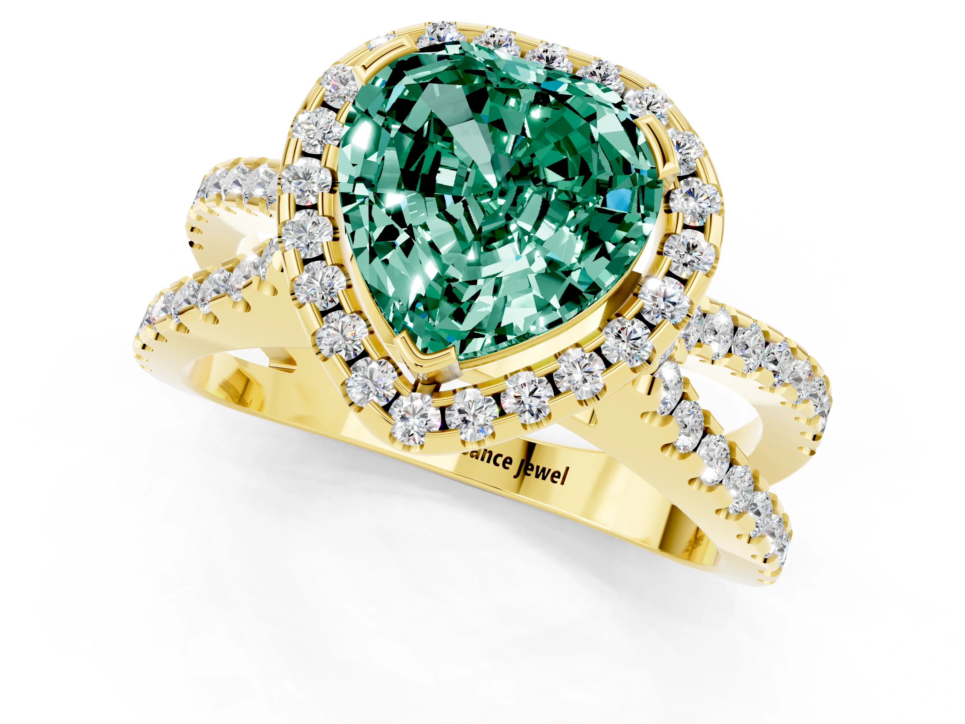 Yellow gold Heart Cut Green Sapphire Halo Ring with Split Shank Pavé Band and Prong Setting_1