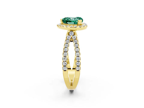 Yellow gold Heart Cut Green Sapphire Halo Ring with Split Shank Pavé Band and Prong Setting_2