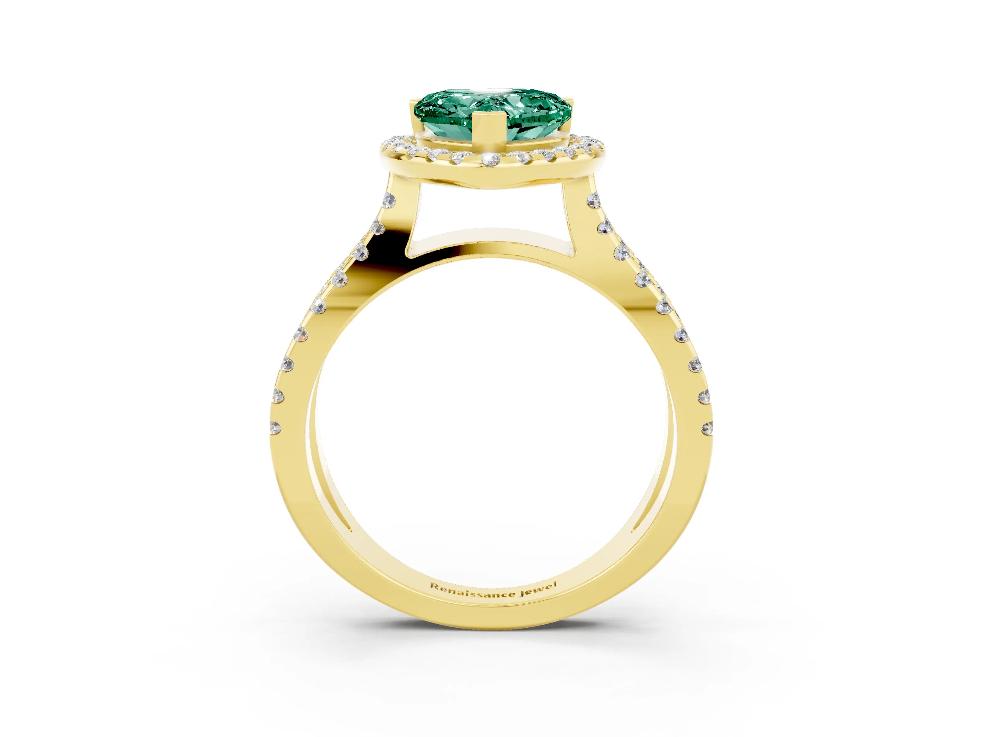 Yellow gold Heart Cut Green Sapphire Halo Ring with Split Shank Pavé Band and Prong Setting_3