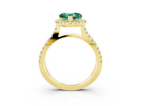 Yellow gold Heart Cut Green Sapphire Halo Ring with Split Shank Pavé Band and Prong Setting