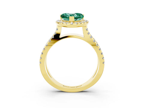 Yellow gold Heart Cut Green Sapphire Halo Ring with Split Shank Pavé Band and Prong Setting_3