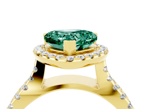 Yellow gold Heart Cut Green Sapphire Halo Ring with Split Shank Pavé Band and Prong Setting_4