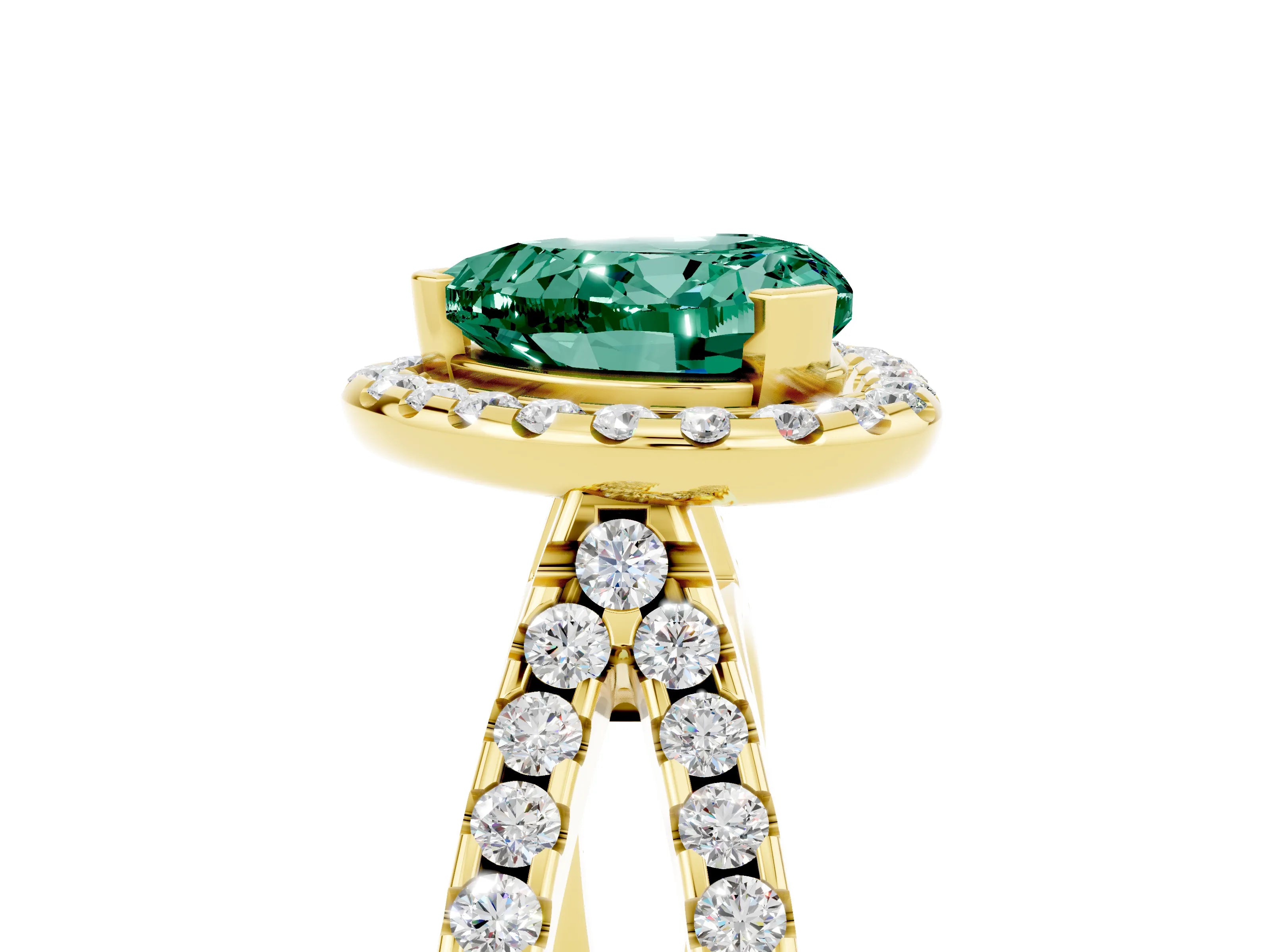 Yellow gold Heart Cut Green Sapphire Halo Ring with Split Shank Pavé Band and Prong Setting_5