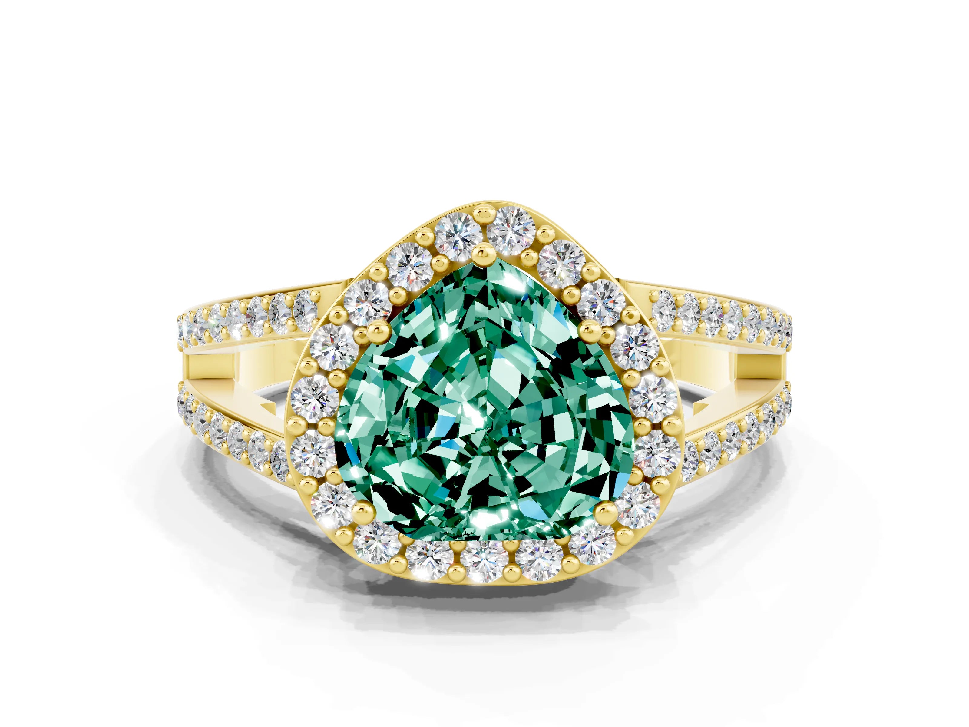 Yellow gold Heart Cut Green Sapphire Halo Ring with Split Shank U-Prong Band and Four-Prong Setting